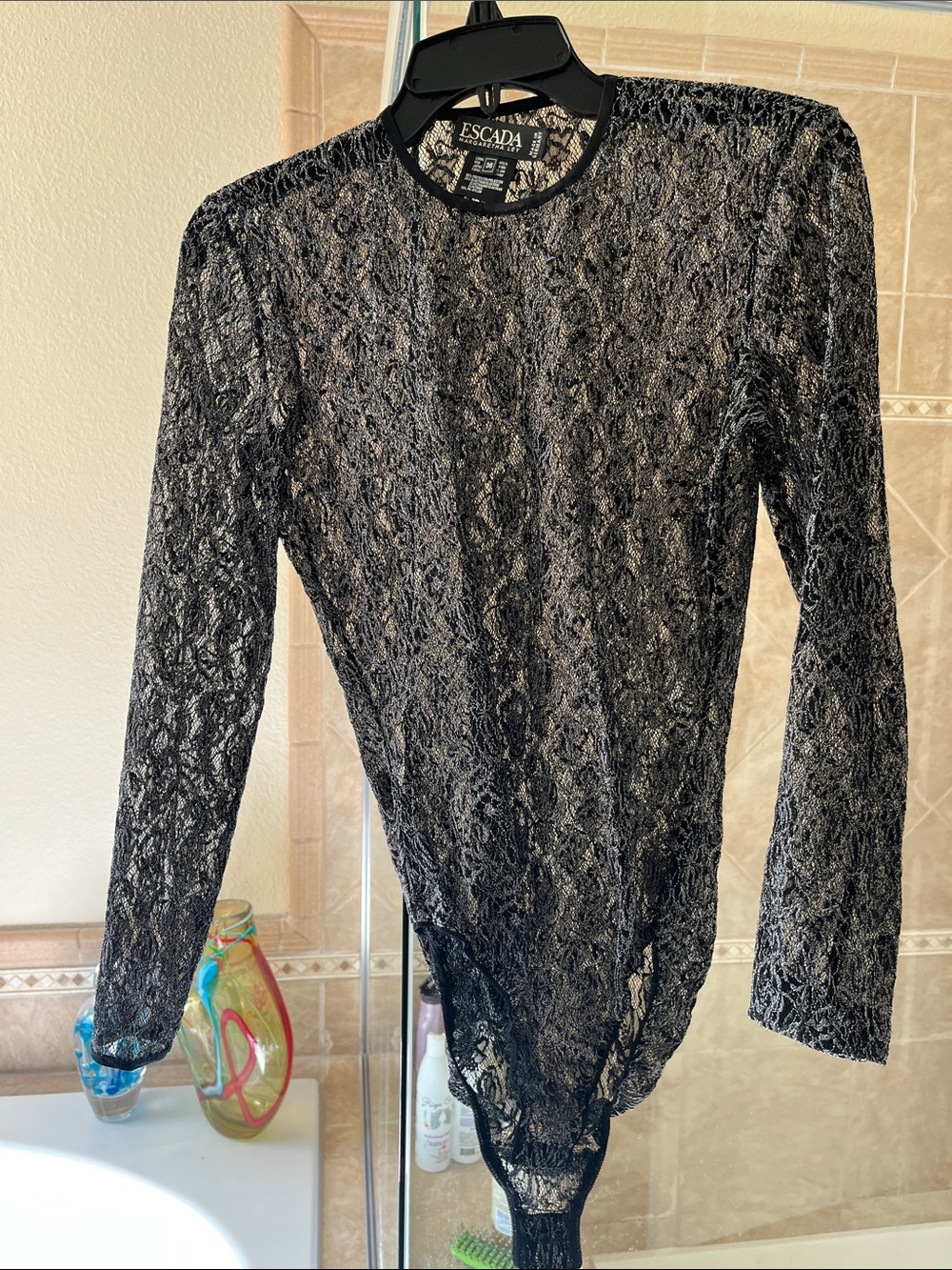 Escada Black Sheer Lace Long-Sleeve Bodysuit